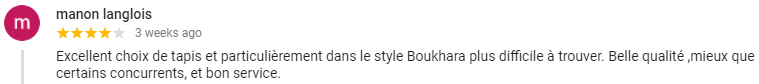 Courriel d'une cliente satisfaite de la qualité et du choix de tapis que nous avons.